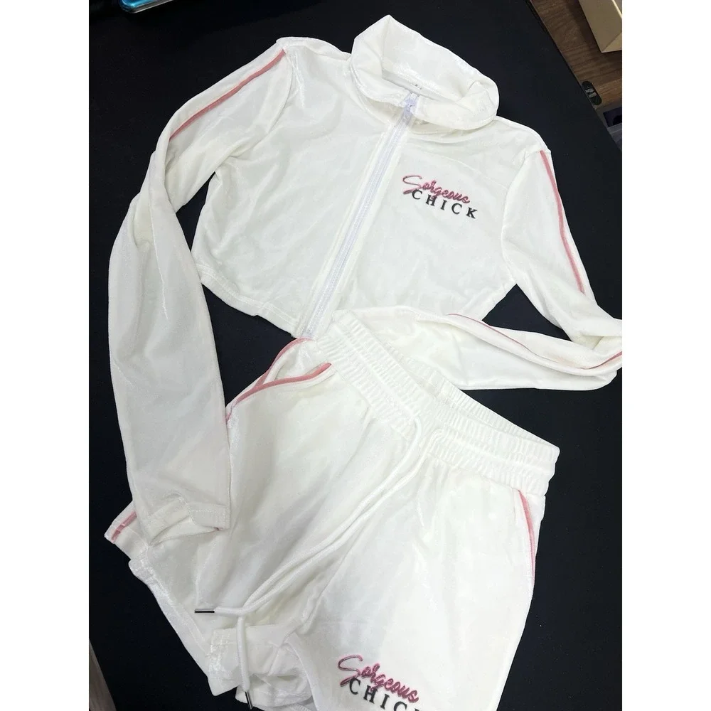 Gorgeous Chick Long Sleeve Velour Short Set Pockets Drawstring‎